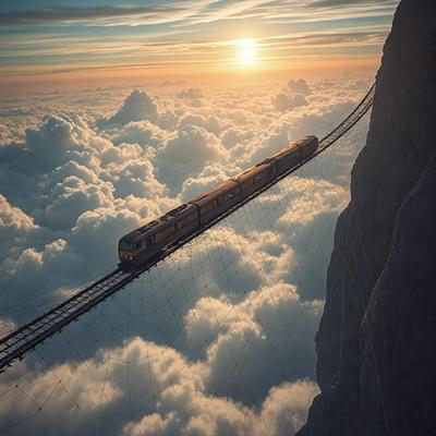 The primary subject of the image is a train traveling on a wire suspended in the air. The train is yellow and is situated in the middle of the scene. The setting is a cloudy sky, with the train crossing a bridge that is suspended above a mountain. The visual style of the image is a combination of photo and digital art, creating a surreal and fantastical atmosphere. The dominant colors in the image are yellow and white, which contribute to the overall mood of the scene.